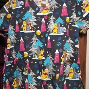 Disney Character Print Scrub Top with Pink Trim